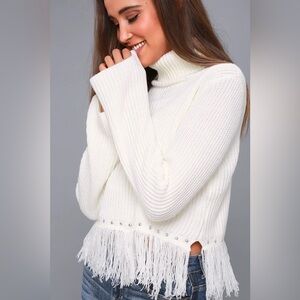 Lulus Freethinker Cream Fringe Cropped Sweater